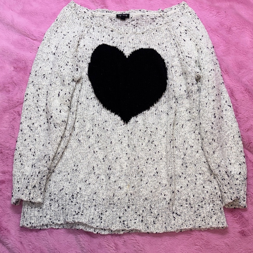 Torrid Speckled Light Gray Crochet Knit Sweater with Chic Black Heart